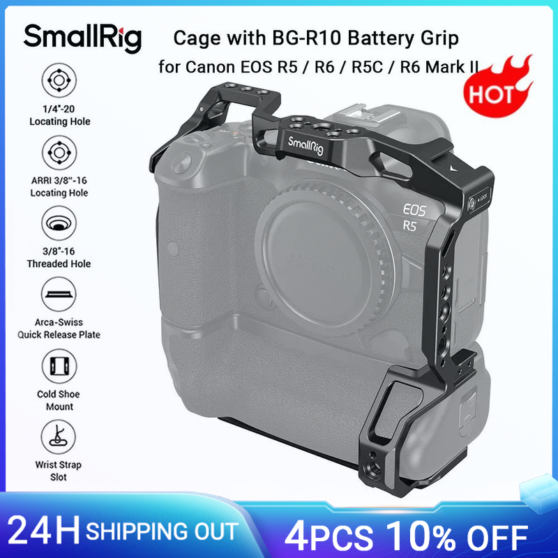 Gabbia per fotocamera SmallRig R5/R6 per Canon EOS R5 / R6 / R5C / R6 Mark II con impugnatura batteria BG-R10 con fori filettati 1/4"-20 -3464B