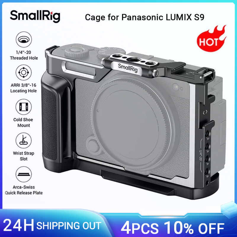 Gabbia per fotocamera SmallRig S9 per Panasonic LUMIX S9, con impugnatura in legno e piastra a sgancio rapido Arca-Swiss per treppiede tipo Arca -4515