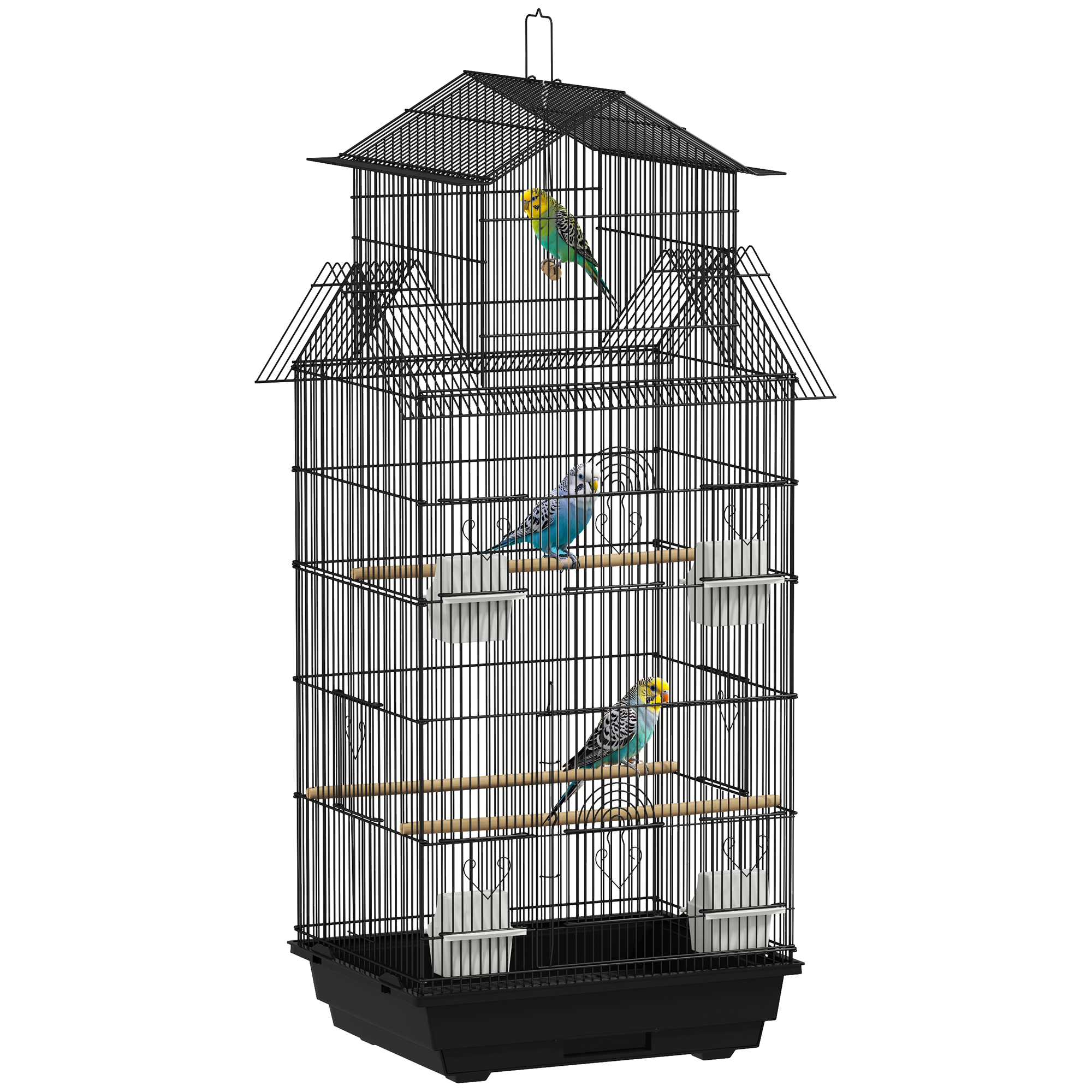 Gabbia per uccelli Pawut, design a casetta, con mangiatoie, posatoi, 3 porte, vassoio rimovibile per escrementi + maniglia per il trasporto, 50,5x41x cm, nera Gabbia per uccelli Pawut, design a casetta, con mangiatoie, posatoi, 3 porte, vassoio rimovibile per escrementi + maniglia per il trasporto, 50,5x41x cm, nera