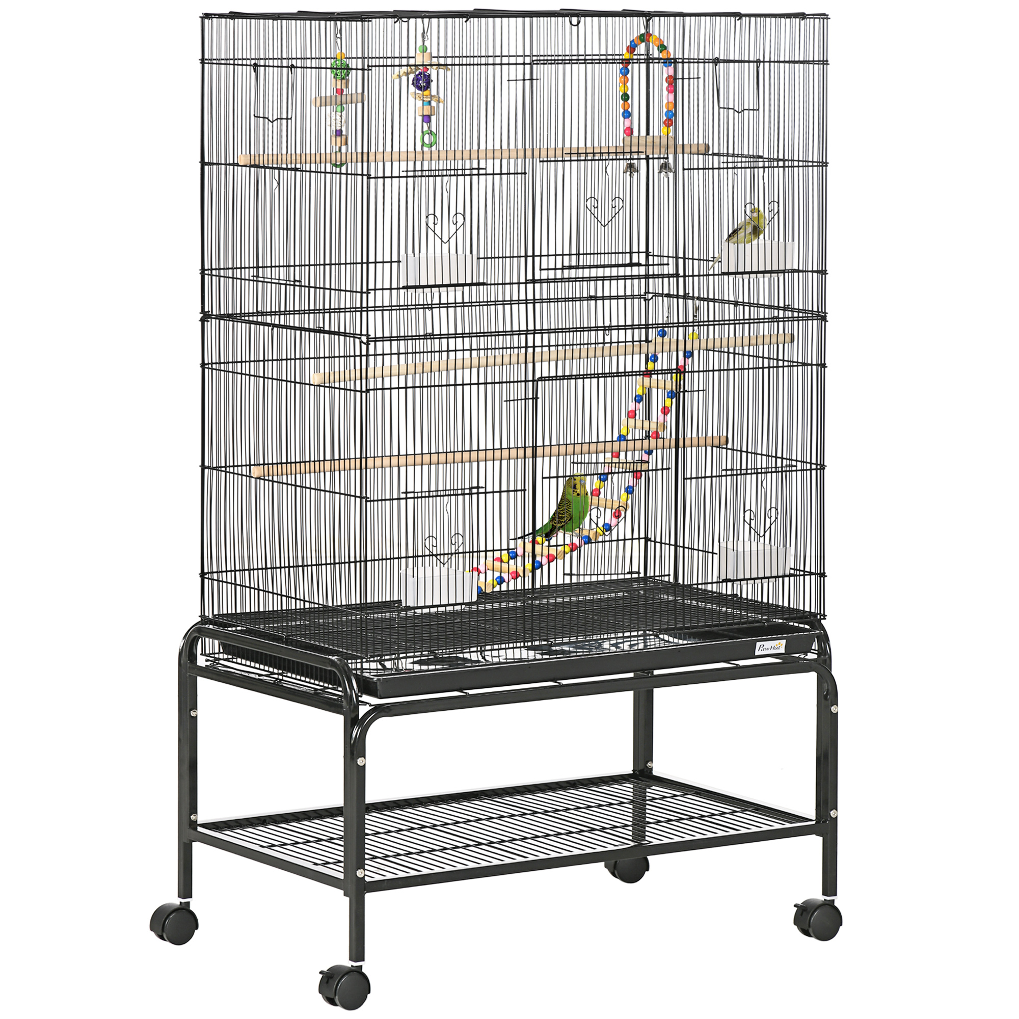 Gabbia per uccelli Pawut su ruote con 4 mangiatoie e 3 posatoi 79x49x133 cm nera