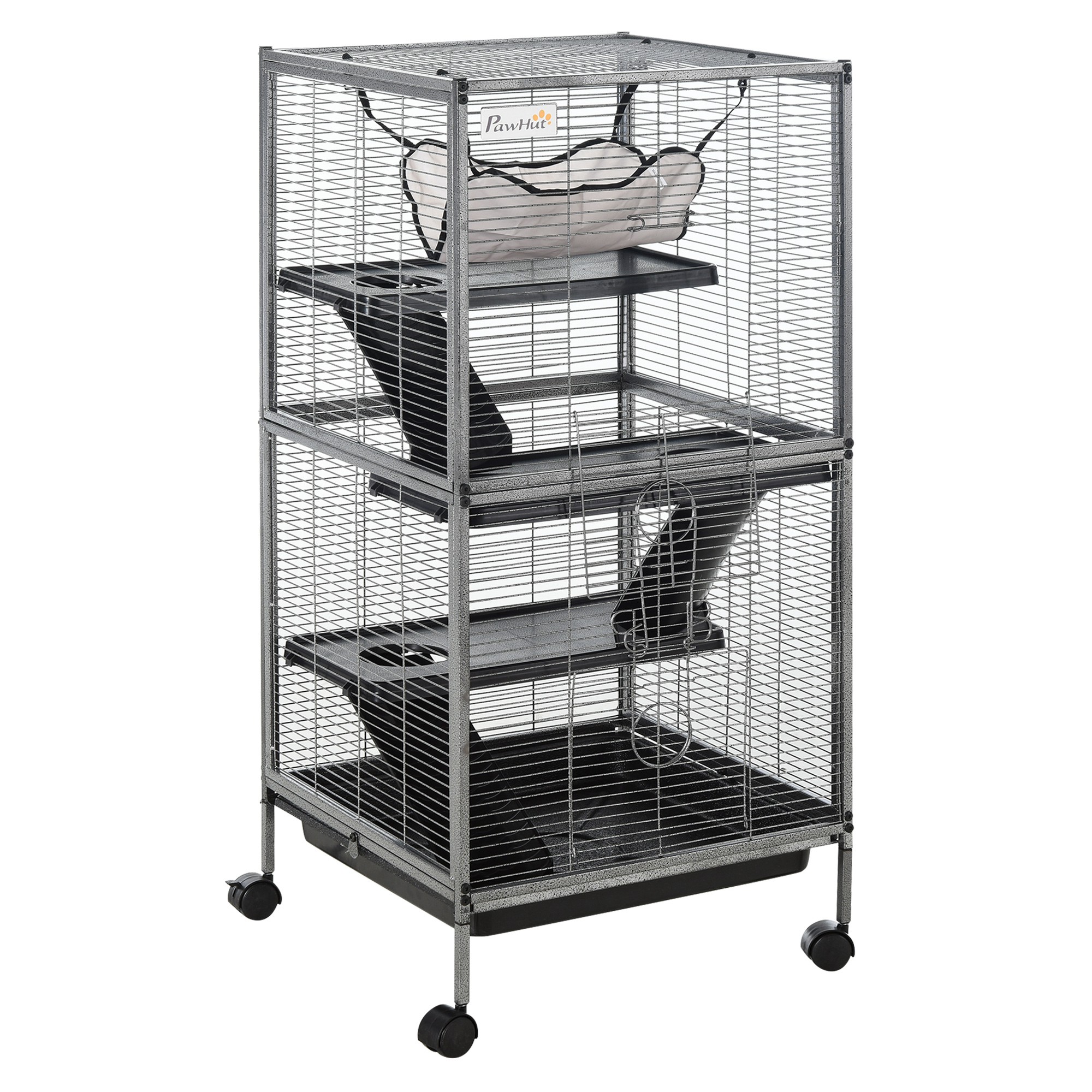 Gabbia Portatile Pawut a 4 Livelli per Piccoli Animali, 2 Porte, 3 Rampe, Amaca e Vassoio Rimovibile, 52x52x cm Grigio