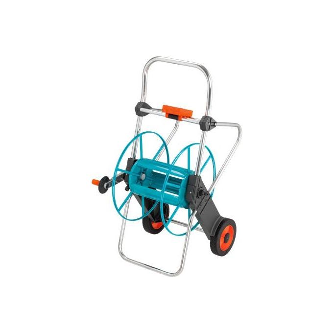 Gardena 2674-20 Carrello avvolgitubo in metallo Capacita' 100 m per tubo 13 mm Fermo goccia integrato Ruote antiscivolo colore Nero Blu Arancione Argento