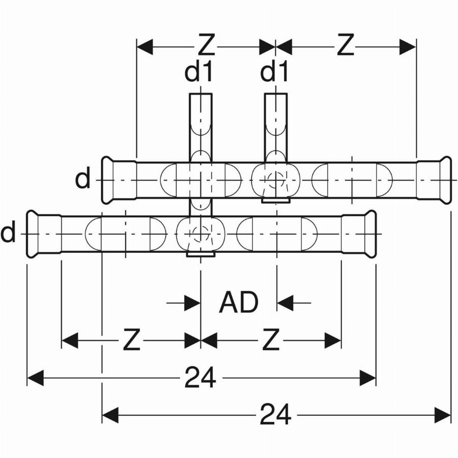 Geberit Mapress Acciaio Al Carbonio Set Raccordo A T Di Collegamento Per Mandata E Ritorno, Dn 15 / 12, 24003