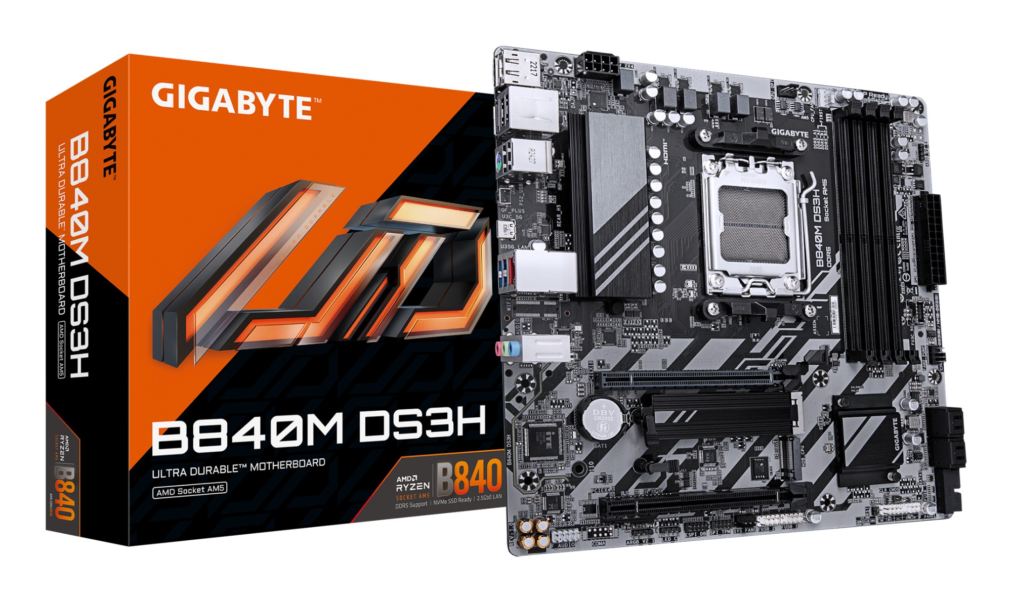 GIGABYTE B840M DS3H Scheda madre - CPU AMD Ryzen 9000 VRM a 8+2+2 fasi fino a 8200 MHz DDR5 2xPCIe 4.0 M.2 LAN 2.5GbE USB 3.2 Gen 1
