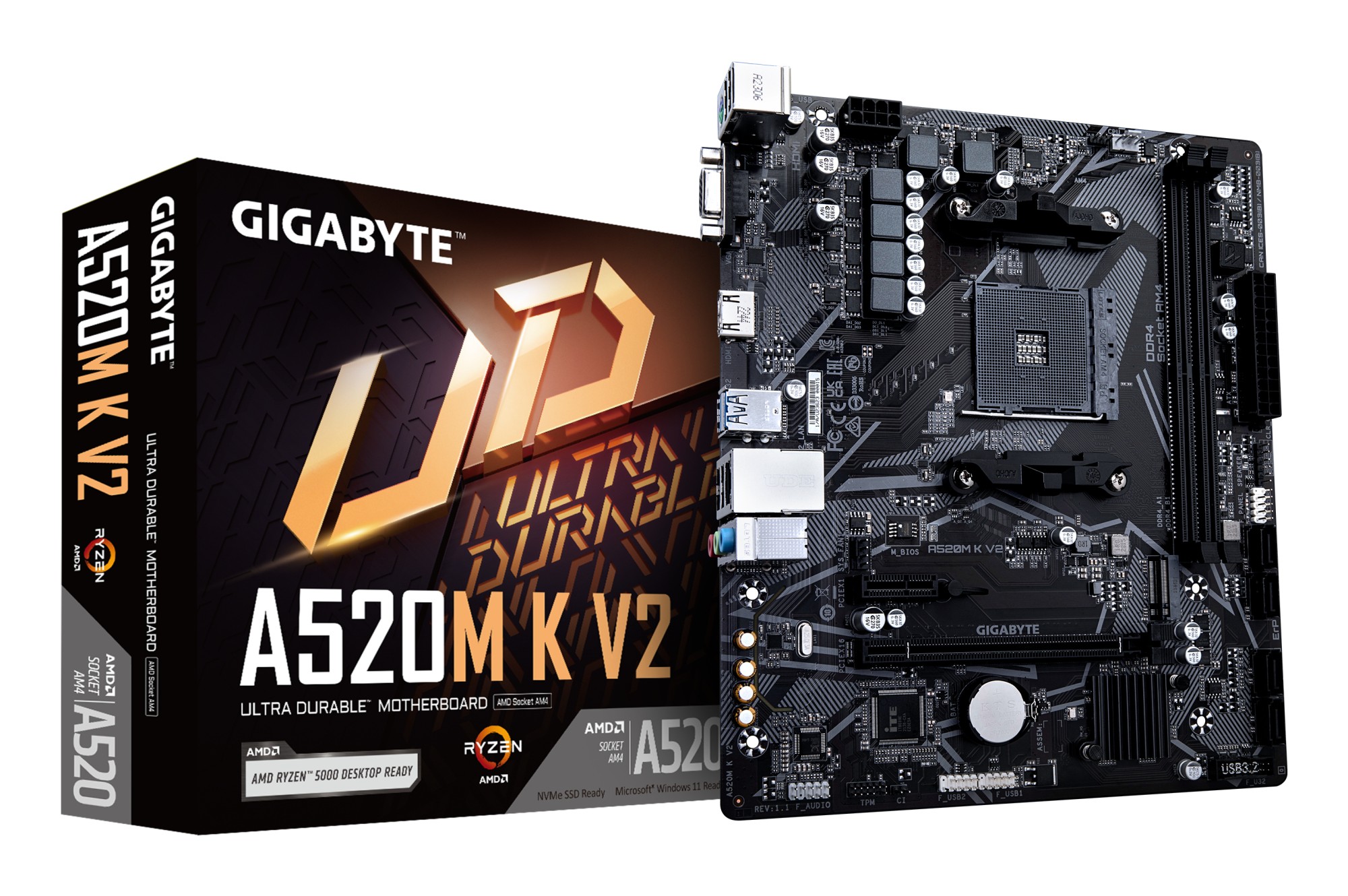 GIGABYTE Scheda madre A520M K V2 - Supporta CPU AMD Ryzen serie 5000 AM4 fino a 5100MHz DDR4 (OC) PCIe Gen3 x4 M.2 LAN GbE USB 3.2 Gen 1 GIGABYTE Scheda madre A520M K V2 - Supporta CPU AMD Ryzen serie 5000 AM4 fino a 5100MHz DDR4 (OC) PCIe Gen3 x4 M.2 LAN GbE USB 3.2 Gen 1