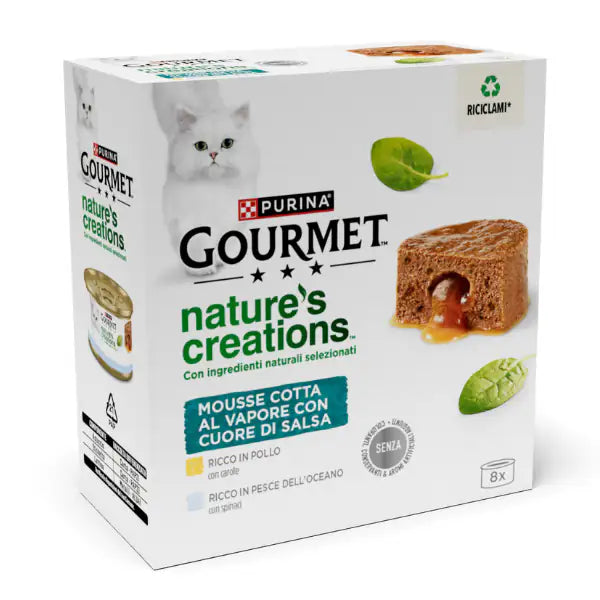 Gourmet Nature's Creation Cat Mousse Cuore di salsa 8x85 gr 4 x Pesce dell'Oceano 4 x Pollo - 1° ORDINE? scegli tra BZR5 - BZR20 + 200 pt fedeltà