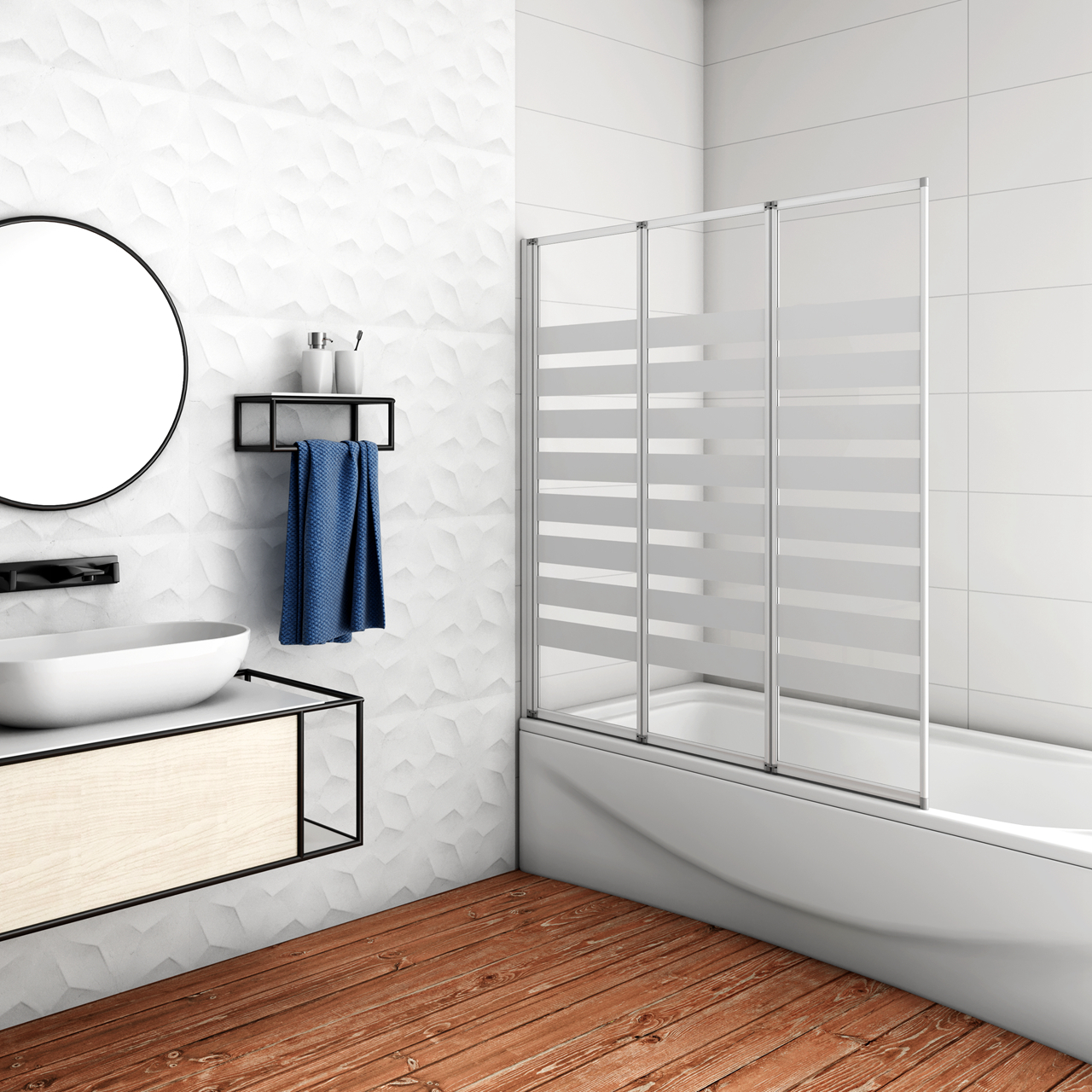 H.140 cm Parete Doccia Vasca da Bagno Tre Ante Pieghevoli a Libro Verso Irreversibile Vetro 4 mm Temperato Fasce Bianche Opache Telaio Argento Opaco 130 cm H.140 cm Parete Doccia Vasca da Bagno Tre Ante Pieghevoli a Libro Verso Irreversibile Vetro 4 mm Temperato Fasce Bianche Opache Telaio Argento Opaco 130 cm
