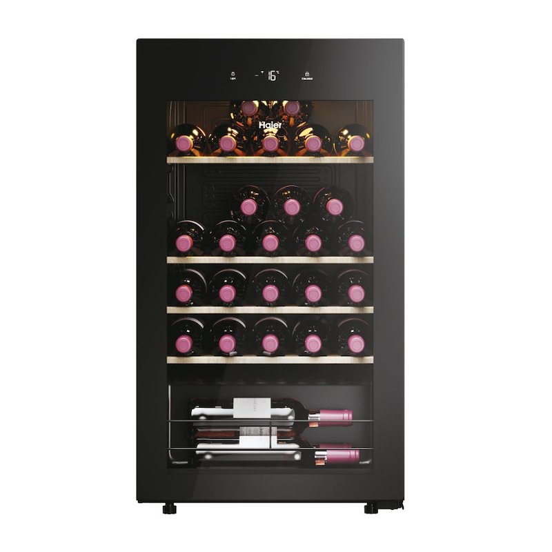 HAIER HWS34GGH1 CANTINETTA, 34 bottiglie, 5 ripiani, dimensoni: L 47,5 cm, A 85 P 45,6 temperatura massima 20 °C, minima Nero, classe G