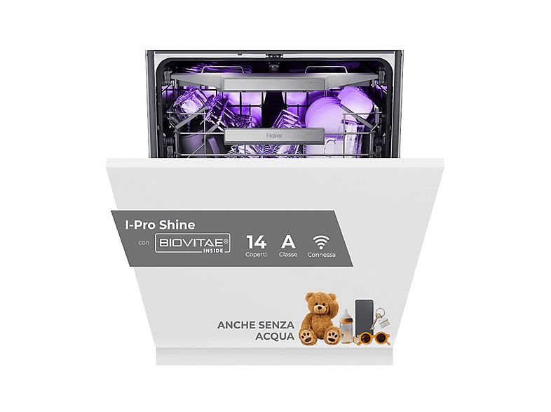 HAIER XS 4A4M4BB LAVASTOVIGLIE INCASSO, I-Pro Shine, LED Biovitae, larghezza 59,7 cm, 14 coperti, programma Smart AI, livello rumorosità 44 dB(A), Classe A