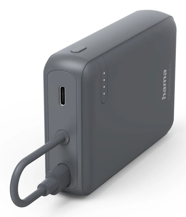 Hama Travel Bateria Externa Powerbank 10000mAh - Polimero de Litio - USB-C - Cable Integrado - Carga Rapida - 2 Conexiones de Salida - 23.5x90x63.2mm - Color Gris