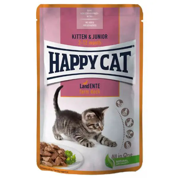 Happy Cat bocconi in salsa Kitten e Junior 85 gr Anatra - confezione da 24 pezzi - Cibo umido per gatti - 1° ORDINE? scegli tra BZR5 - BZR20 + 200 pt fedeltà