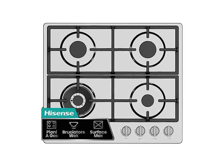 HISENSE GM663XHFSI PIANO COTTURA GAS, 4 zone di cottura, dimensioni: L 60 cm, P 52 piano in Acciaio, Acciaio Inox