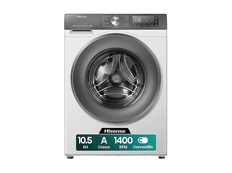 HISENSE WF3S1043BW7 LAVATRICE, Caricamento frontale, 10,5 kg, 19 programmi, Profondità 61 cm, Giri 1400 rpm, livello rumorosità centrifuga 72 dB(A), Classe A