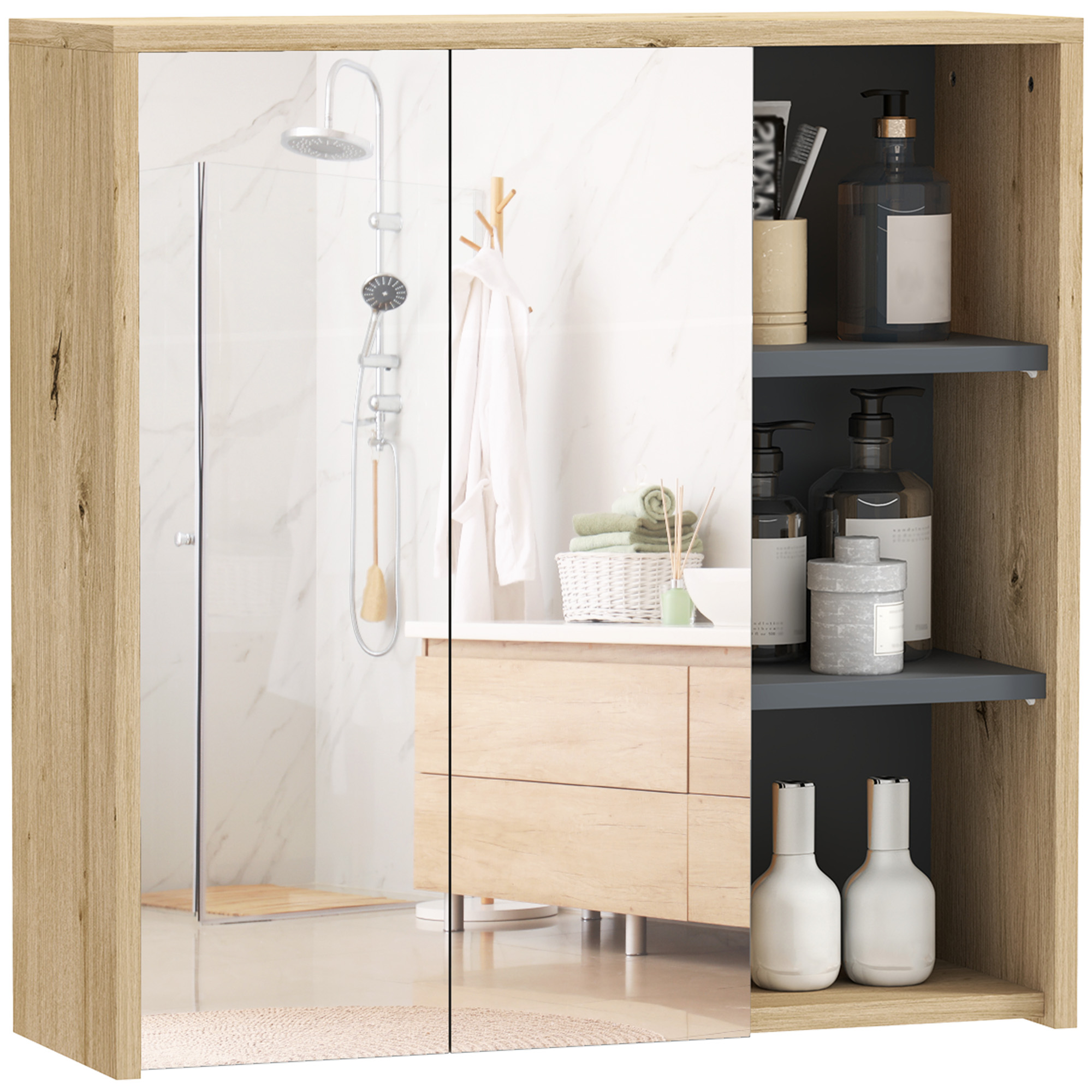 HOMCOM Armadietto da bagno con specchio, mobiletto WC a parete con 3 ripiani aperti, 2 ante a specchio, 60x20x60 cm, colore naturale