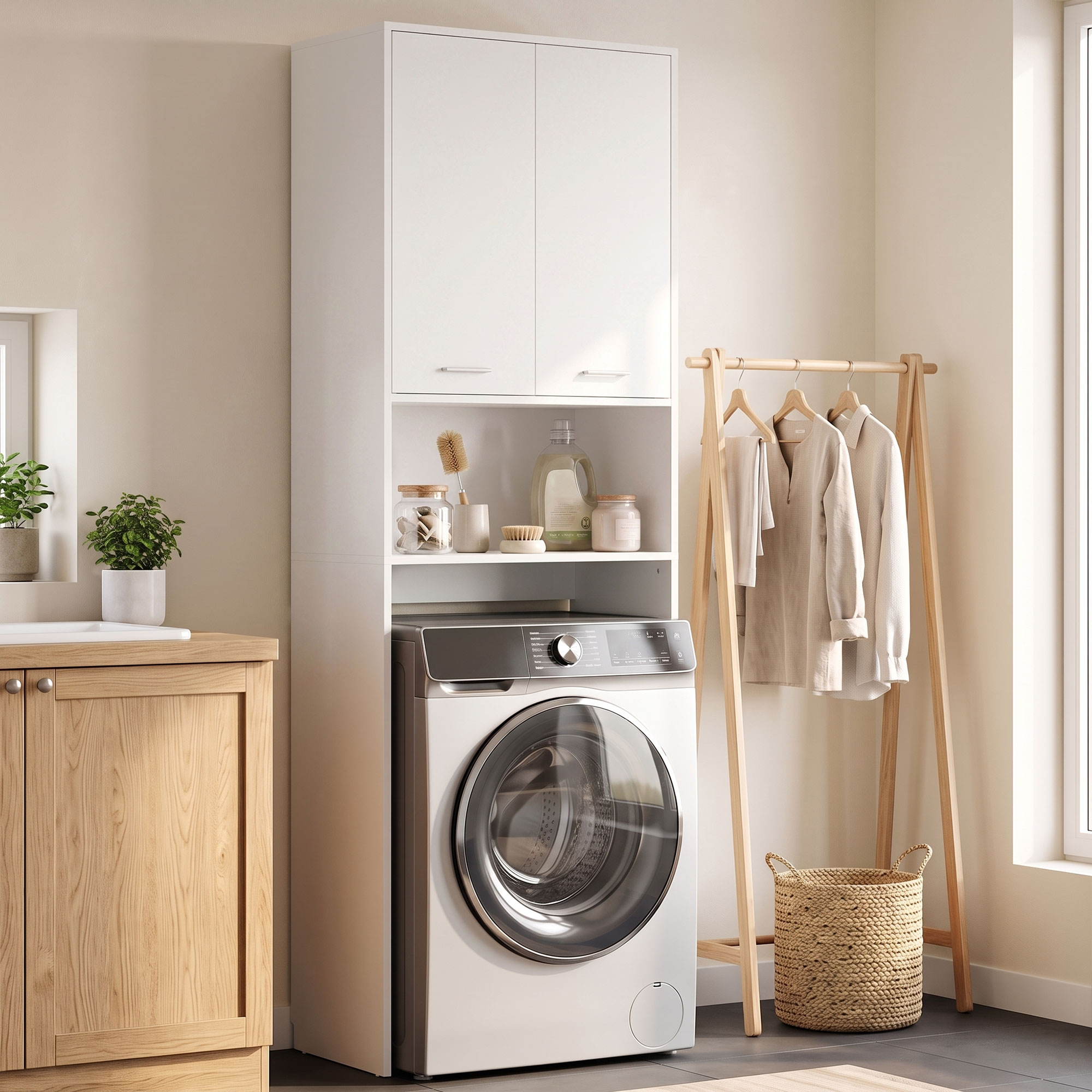 HOMCOM Armadio sopra lavatrice, Armadio alto, Scaffale aperto per WC, Scaffale da bagno sopra lavatrice, 66x24x191 cm, Bianco