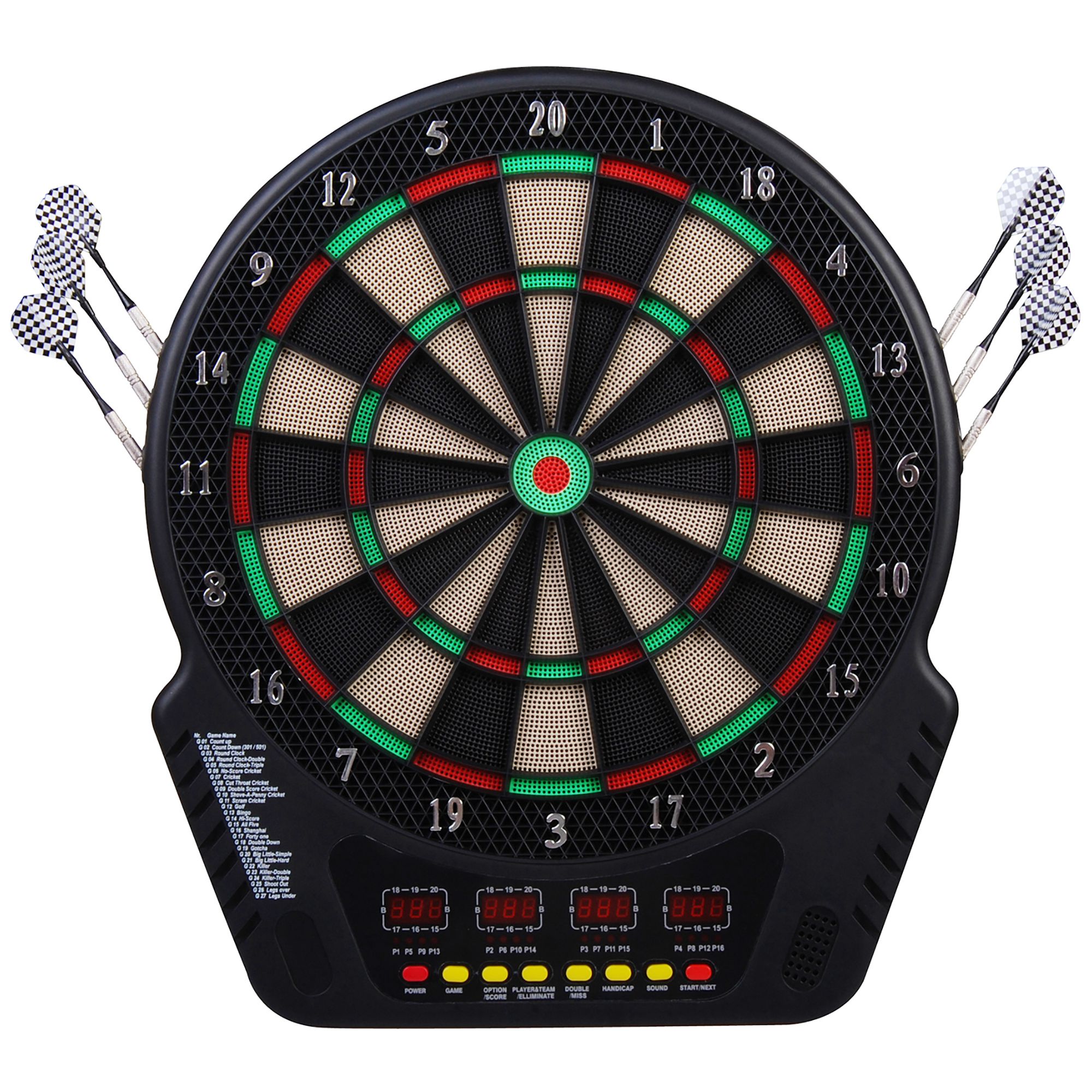 HOMCOM Bersaglio Freccette con 6 Freccette, Alimentatore, 4 Display LED e 27 Giochi, in ABS e PP, 44x51.5x3.2 cm, Nero