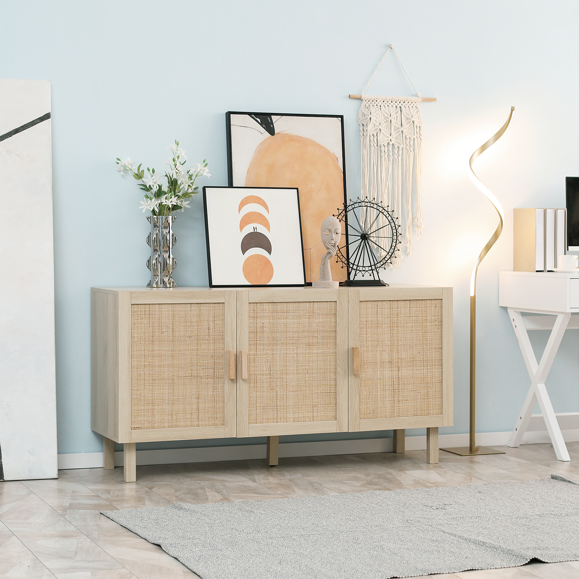 HOMCOM Buffet in stile bohémien, mobile contenitore con ripiani regolabili e ante in vimini, armadio contenitore