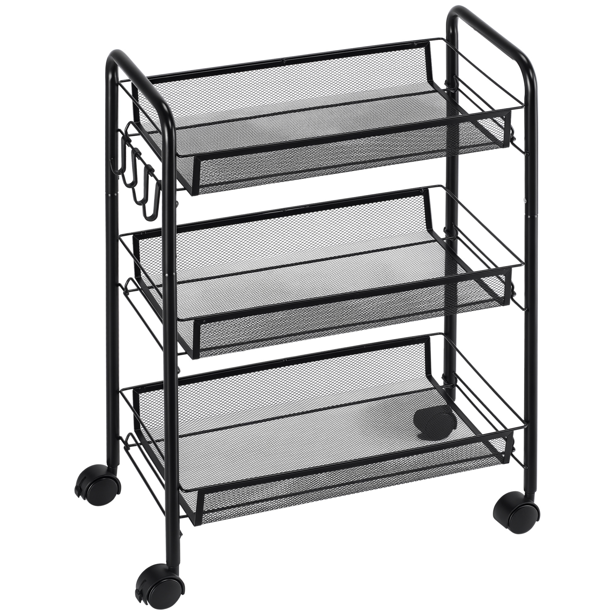 HOMCOM Carrello a 3 livelli per cucina e bagno con cestini, carrello di servizio con ruote, contenitore mobile 45x26,5x63 cm nero