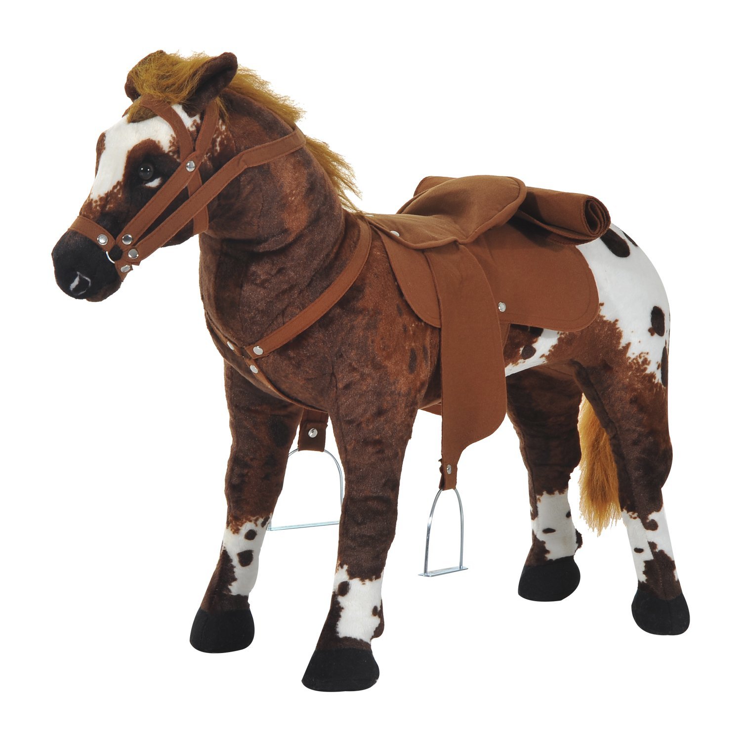 HOMCOM Cavallo in peluche con effetti sonori (iniettoni e galoppio) e redini luminose, 85L x 28L x 60H, Bianco Marrone