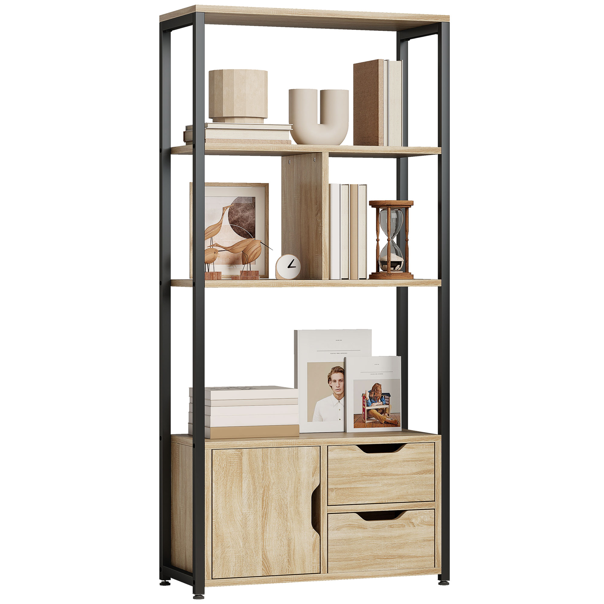 HOMCOM Libreria in Stile Industriale con 3 Ripiani, Anta e 2 Cassetti, Pannelli in Particolato Effetto Legno Naturale, Acciaio Nero