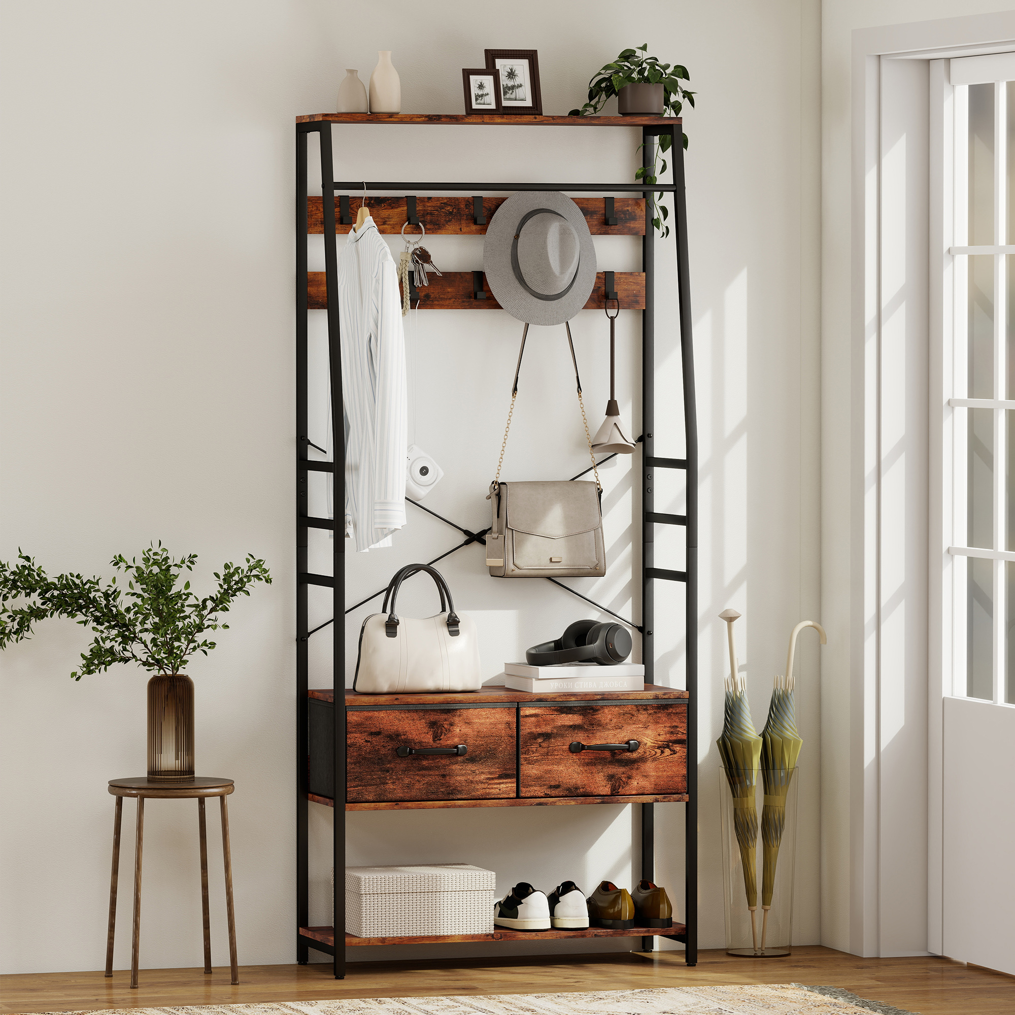 HOMCOM Mobile ingresso con 6 ante, per camera da letto, Nero e Marrone Rustico, Nero e Nero, Nero e tessuto, con cassetti e 10 ganci