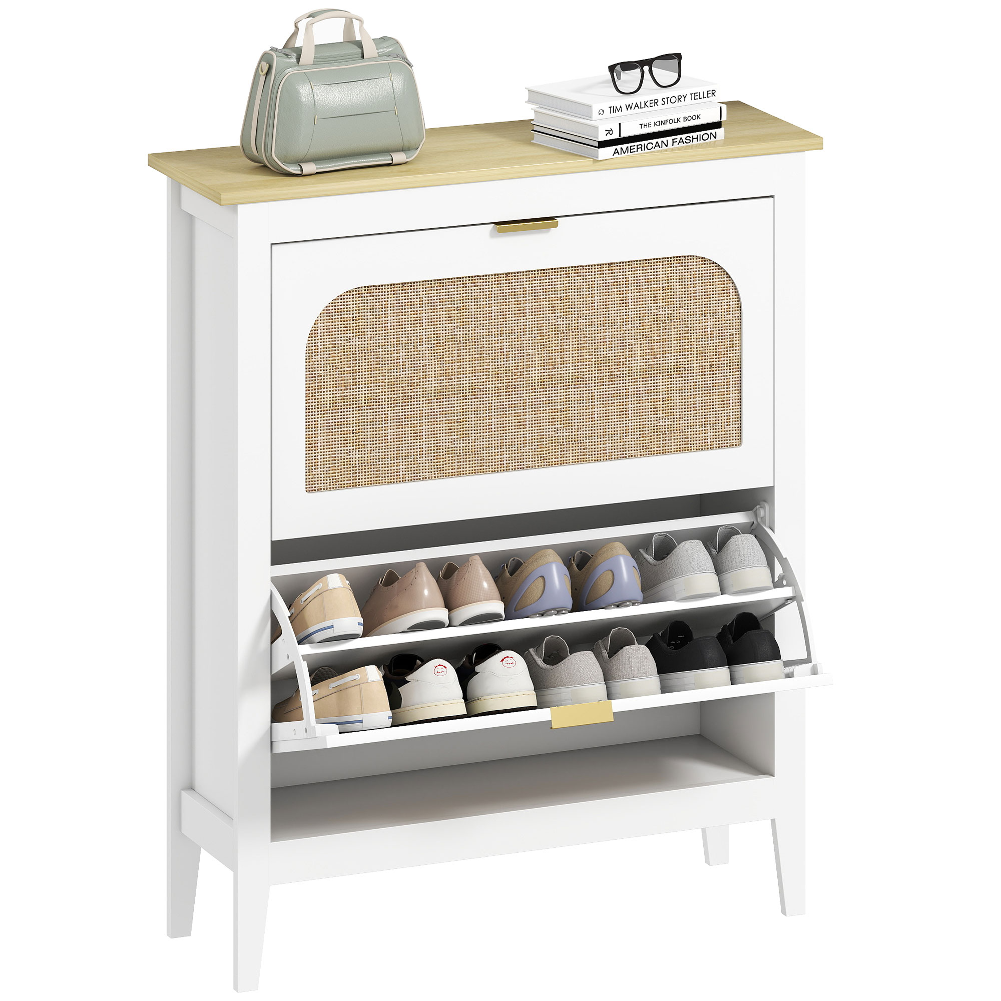HOMCOM Mobiletto porta scarpe 14 paia, scarpiera stretta bohémien con 2 cassetti, ante effetto vimini in rattan
