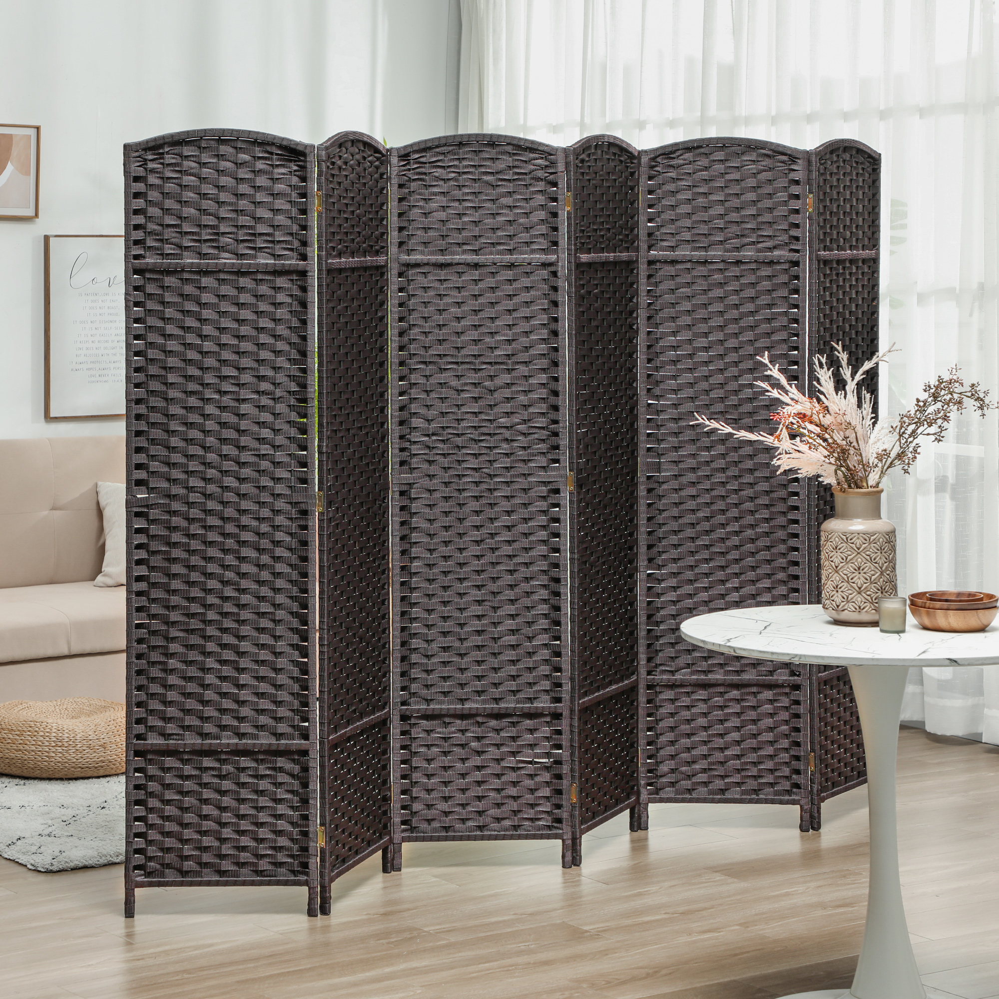 HOMCOM Paravent 6 Pezzi 240x170 cm Divisori per Ambienti Pieghevoli in Pino Parete Divisoria Antivento per Camera da Letto e Soggiorno Marrone