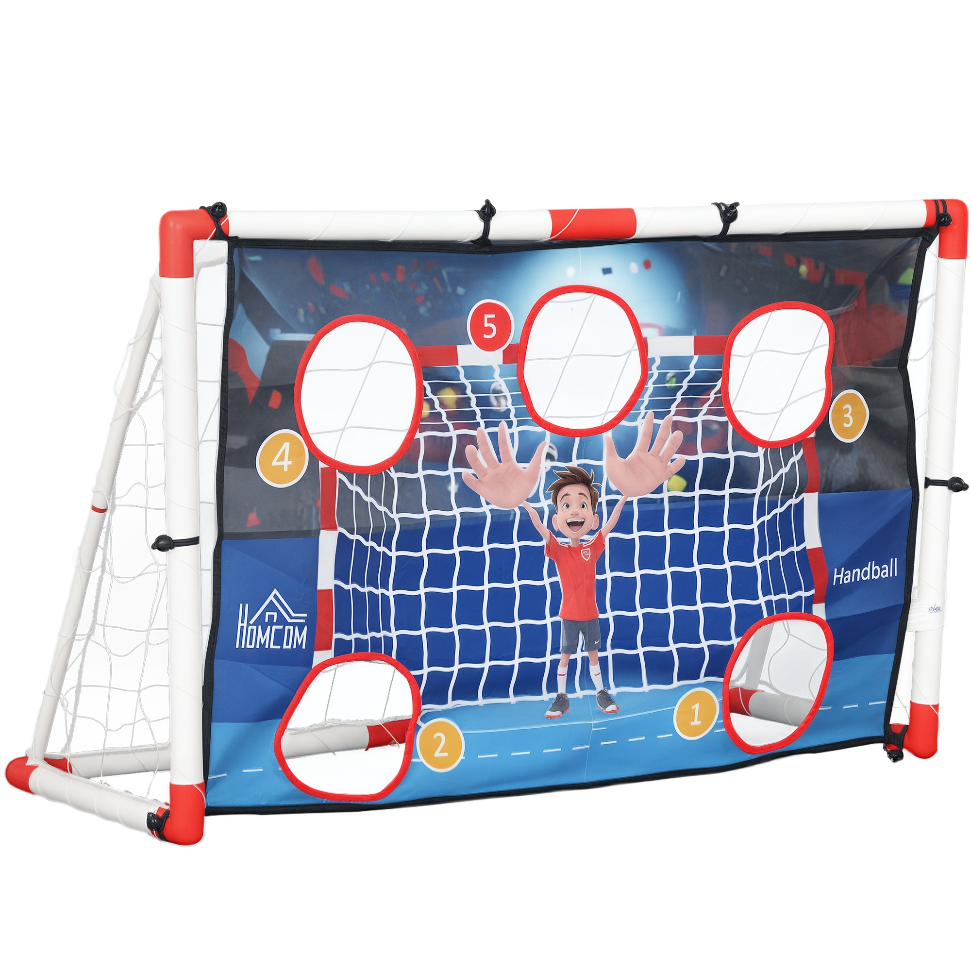 HOMCOM Porta da calcio e gabbia da pallamano da esterno 2 in 1, porta con 5 aree di tiro, pallone da pallamano gonfiabile, pompa, picchetti a U per il terreno, telaio leggero
