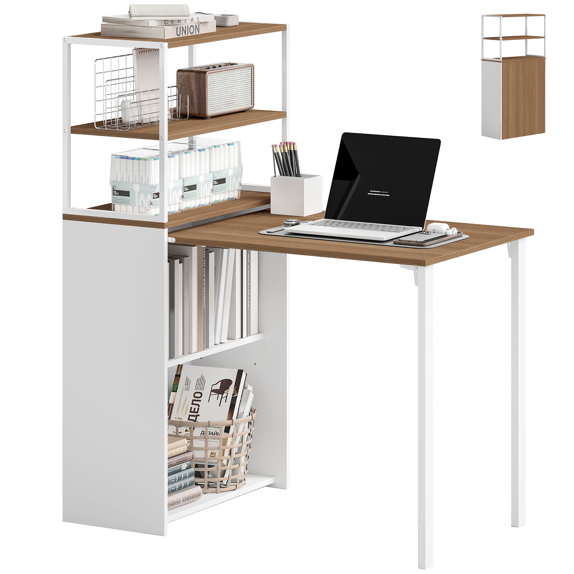 HOMCOM Scrivania Pieghevole con 4 Ripiani, Scrivania con 2 Nicchie, Tavolo Computer per Camera da Letto, Studio, 105x60x cm, Rovere e Bianco