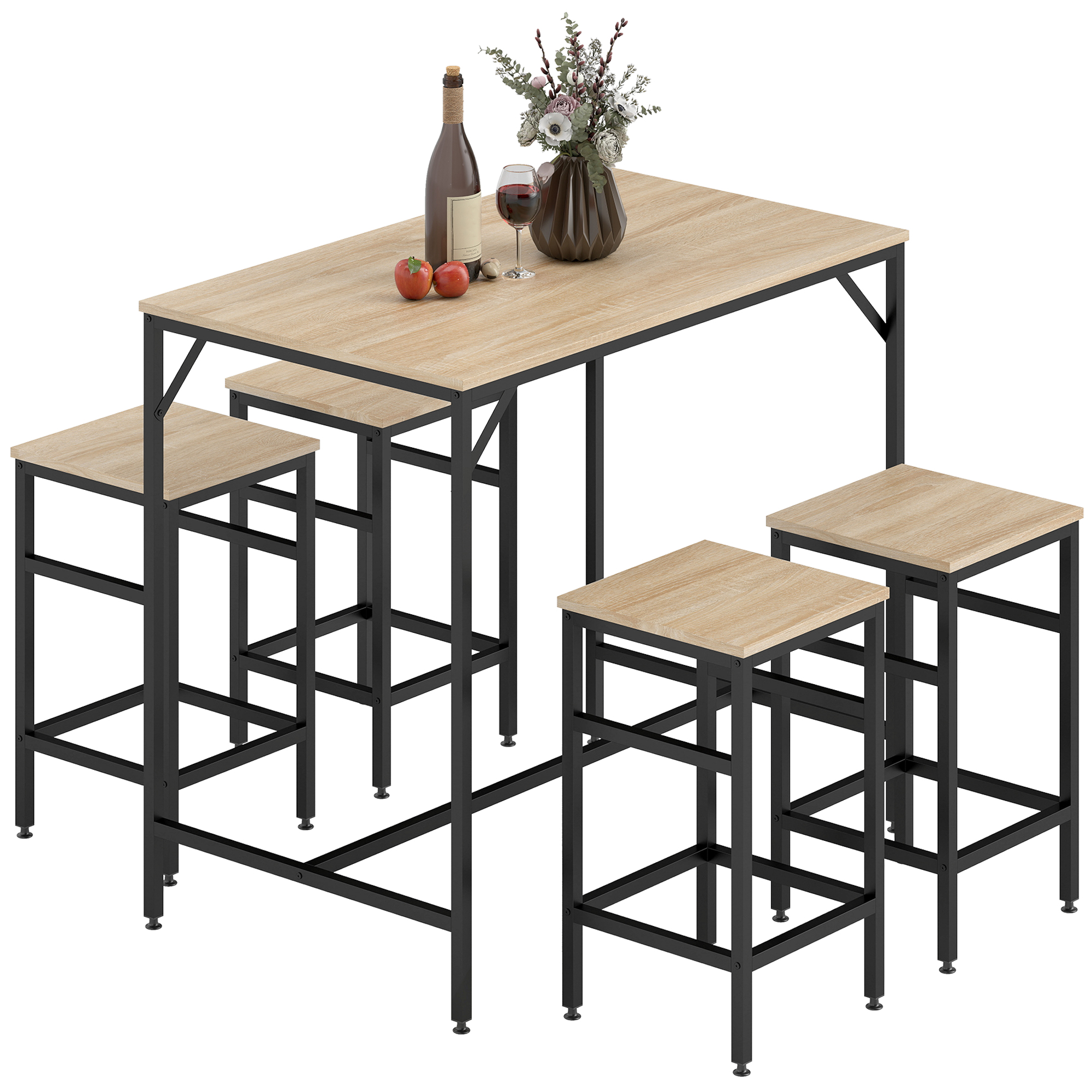 HOMCOM Set Tavolo da Bar Industriale + 4 Panchine in Legno Colore Rovere Chiaro con Struttura in Metallo Nero