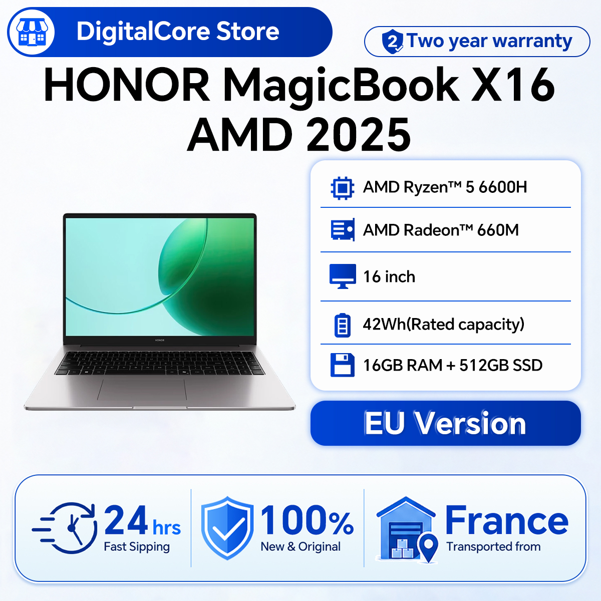 HONOR MagicBook X16 AMD 2025 Laptop 16 Pollici, Processore AMD Ryzen 5 6600H, Scheda Grafica AMD Radeon 660M, Modalità Prestazioni Potenziate 40W, Laptop Sottile per Lavoro, Studio e Intrattenimento