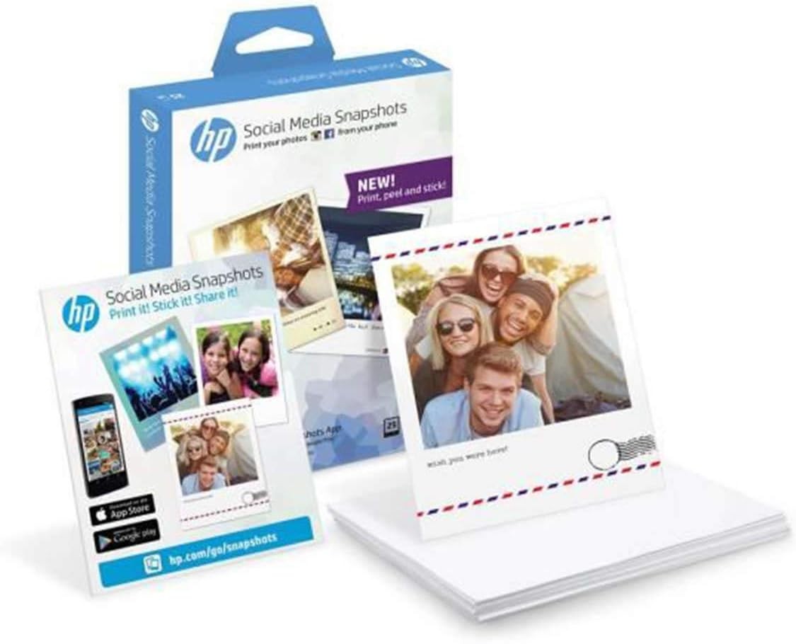 HP Social Media Snapshots W2G60A Carta Fotografica Adesiva Originale HP Semi Lucida Formato 10 x 13 cm Confezione da 25 Fogli Bianco