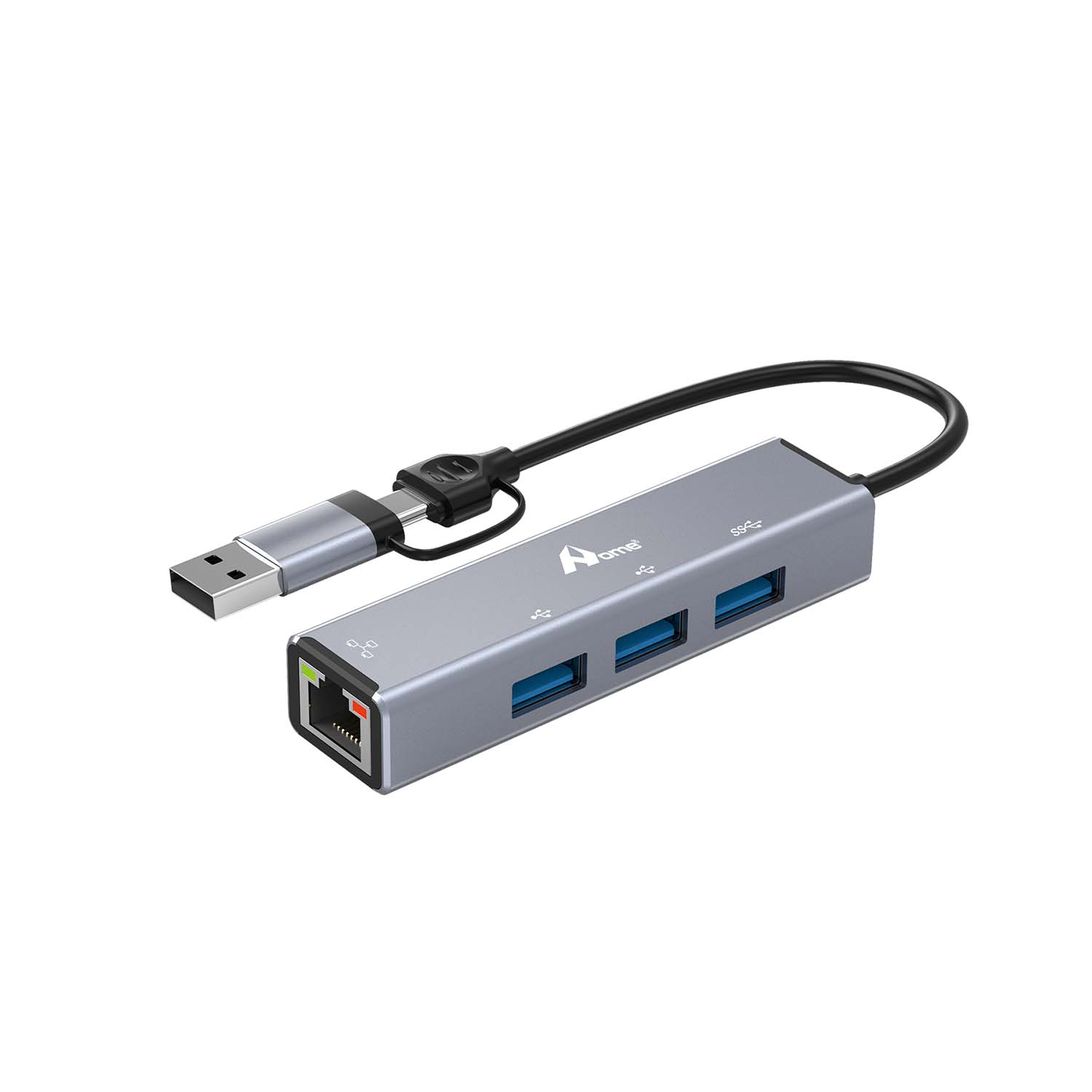 Hub USB 4-in-1 USB-C / USB-A con 3 Porte USB 3.0 + Adattatore Multiporta RJ45 100Mbps Compatibile con PC, Laptop, Tablet e Dispositivi Mobili