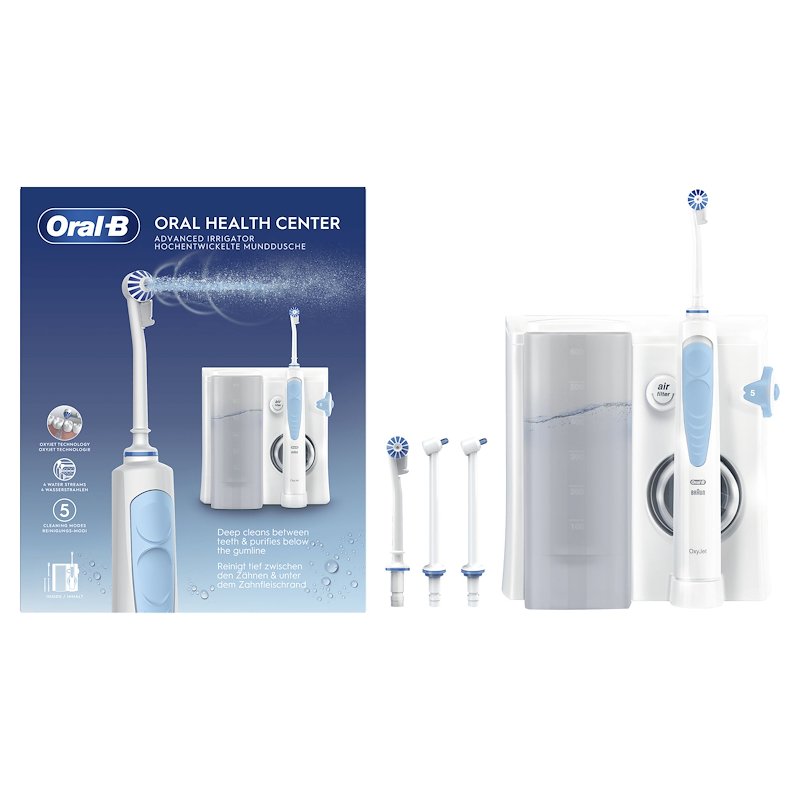 Idropulsore ORAL-B Health Center, 2 beccucci Oxyjet, a getto d’acqua, con serbatoio esterno ideale per apparecchi ortodontici e impianti, Bianco