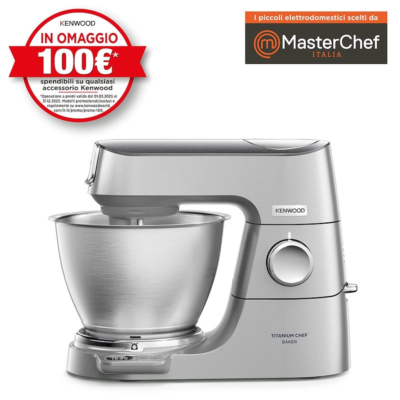 Impastatrice Planetaria KENWOOD Titanium Chef Baker KVC65.001SI con 3 ganci e fruste, paraschizzi, 1200W, 5L, Silver