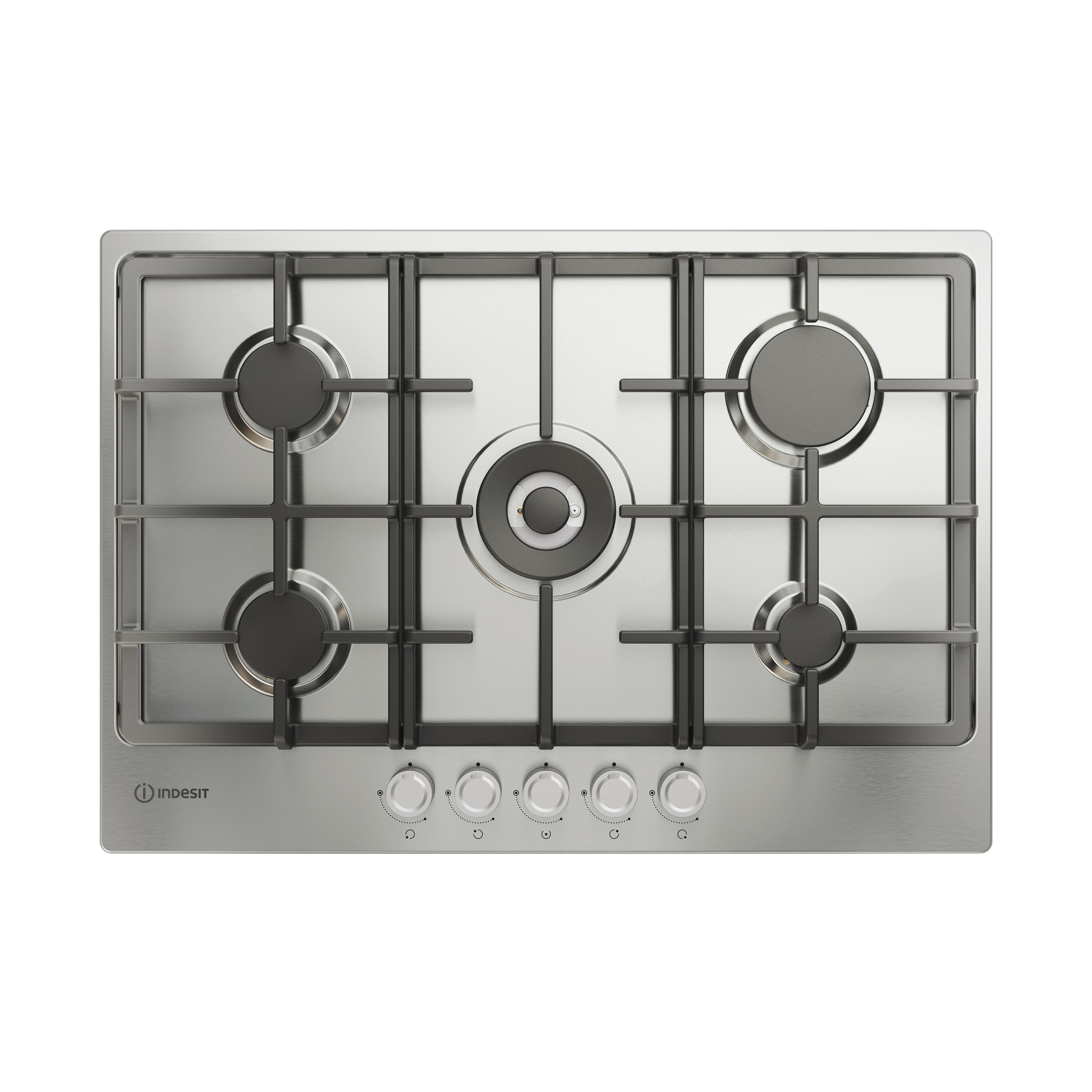INDESIT THP 751 W/IX/I IT 1 PIANO COTTURA GAS, 5 zone di cottura, dimensioni: L 73 cm, P 51 piano in Acciaio inossidabile, Inox