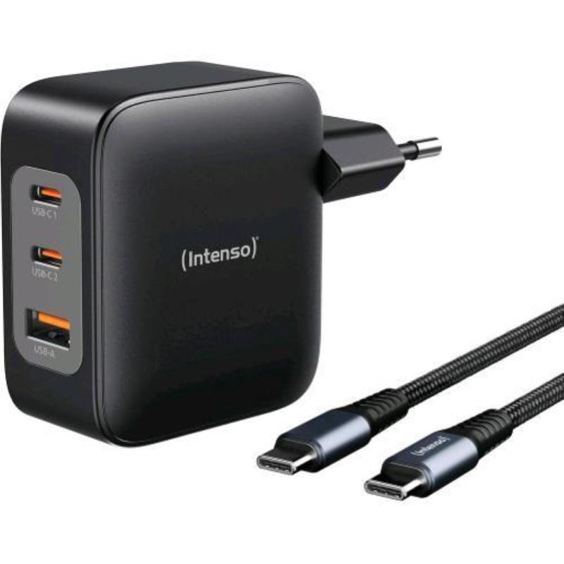 Intenso power adapter caricabatterie da rete gan 100w 1 x usb-a 2 x usb-c + cavo usb-c intrecciato nero