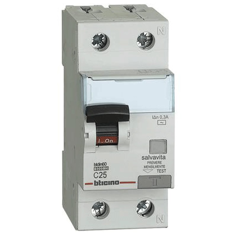 Interruttore Bticino Magnetotermico Differenziale 1p+n 25a 300ma Tipo Ac 6ka 2 Moduli Gn8814ac25