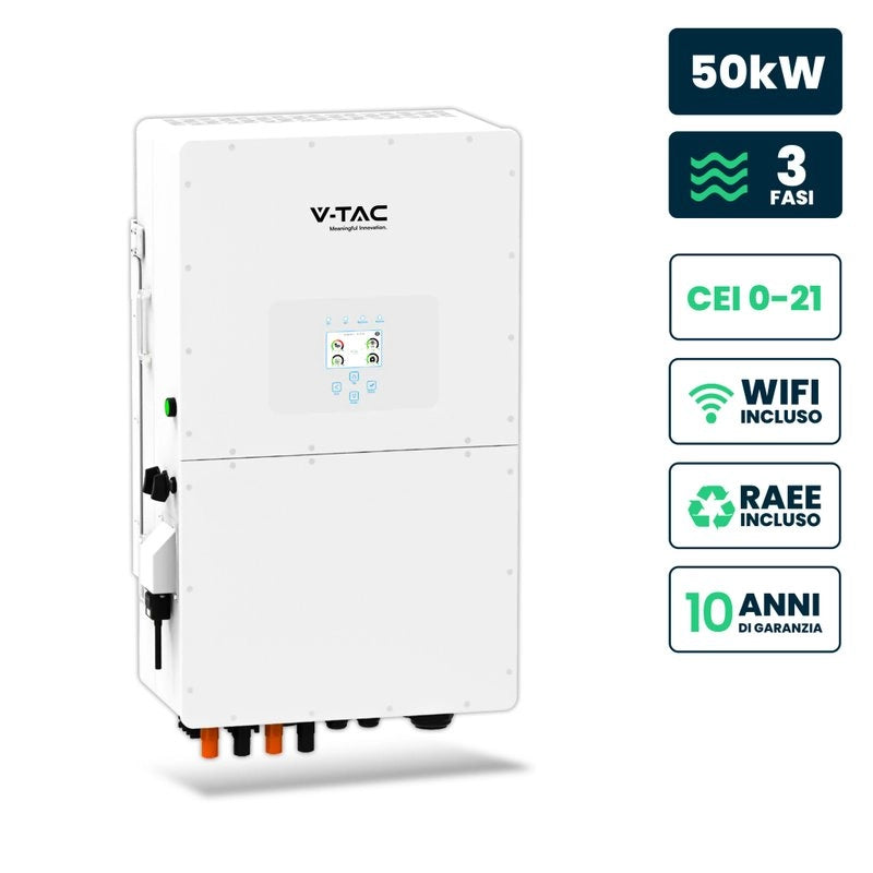 Inverter Fotovoltaico Deye Trifase Ibrido ALTA TENSIONE On-Grid/Off-Grid 50kW CEI 0-21, Schermo LCD Touch a Colori, Smart Meter Integrato, WiFi e TA, Garanzia 10 Anni IP65 SKU-11861