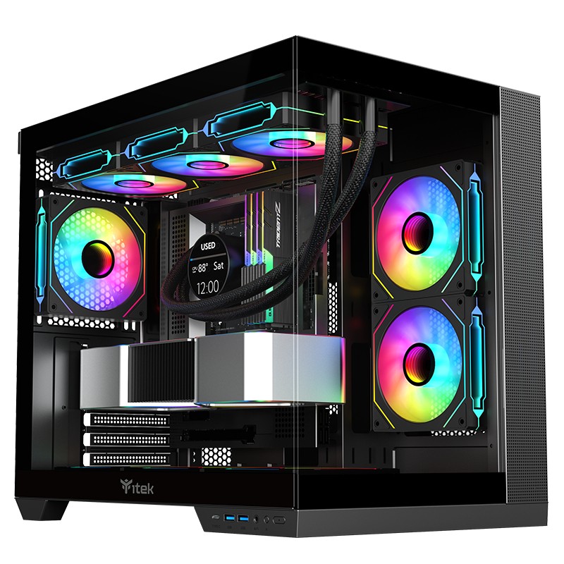 Itek Case Dark Cave Ds Gaming Tower Atx 3X12Cm Argb Fan 2Xusb3 Type-C Side Front Panel Temp