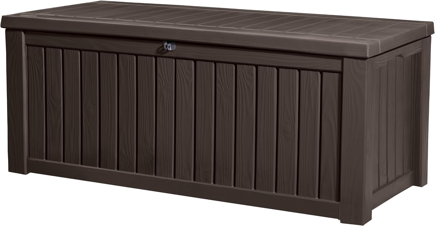 Keter Baule da Giardino Rockwood, 570L, Effetto Legno, Marrone, 155x72,4x64,4H cm