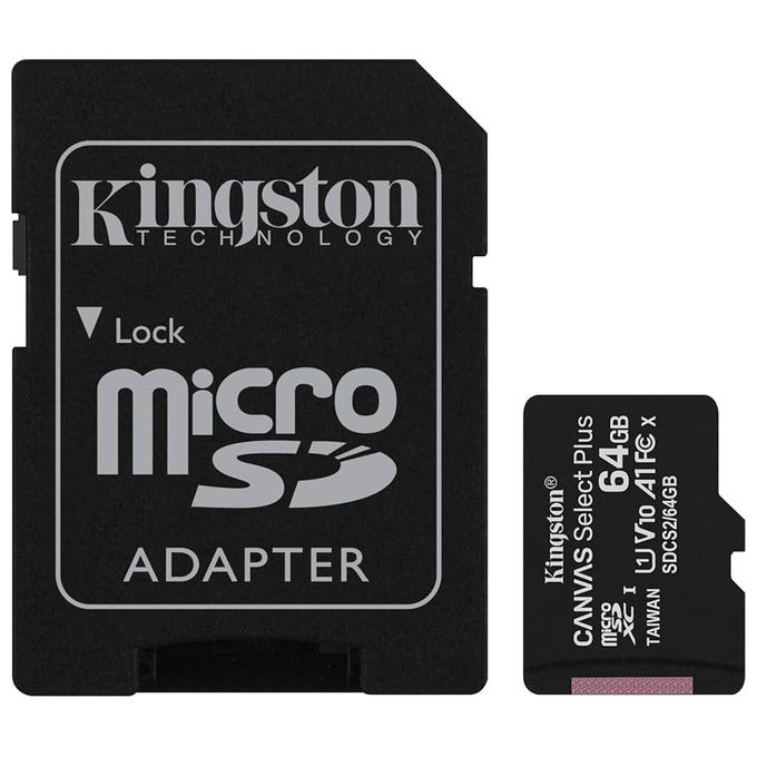 Kingston scheda microSDXC Canvas Select Plus, 64 GB, 150 MB-s, classe 10, A1, V10, U1, Gen3, senza adattatore SD
