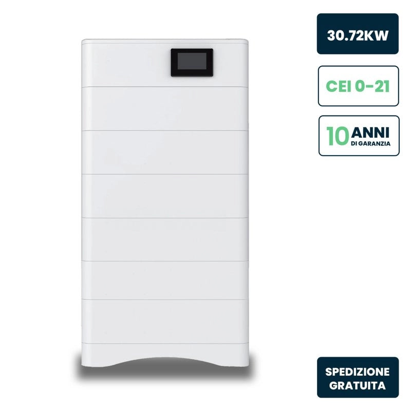 Kit 6 Moduli di Accumulo Impilabili Alta Tensione 30kWh LiFePO4 BMS Integrato, Inclusa Base e Box di Controllo, 100Ah, 307.2V, IP65, CEI 0-21 Garanzia 10 Anni SKU-120026