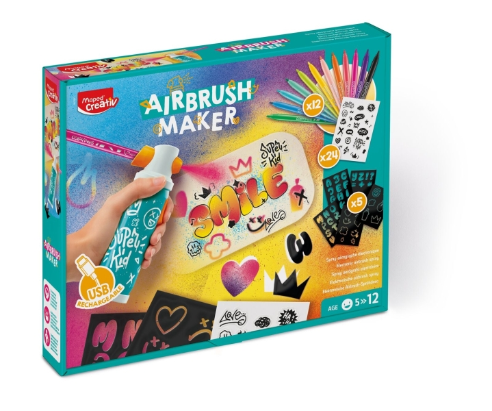 Kit aerografo Maped per bambini facile da usare con pennarelli Maped a tema giungla + confezione di ricariche - Per bambini dai 5 anni in su