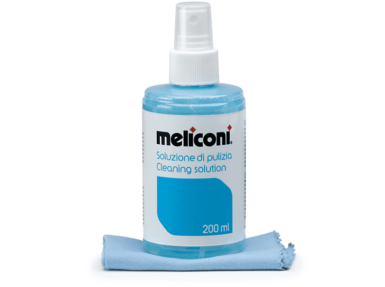 KIT DI PULIZIA MELICONI C200, soluzione Detergente 200 ml con Panno Microfibra 20 x cm, Ideale per TV e apparecchiature elettroniche