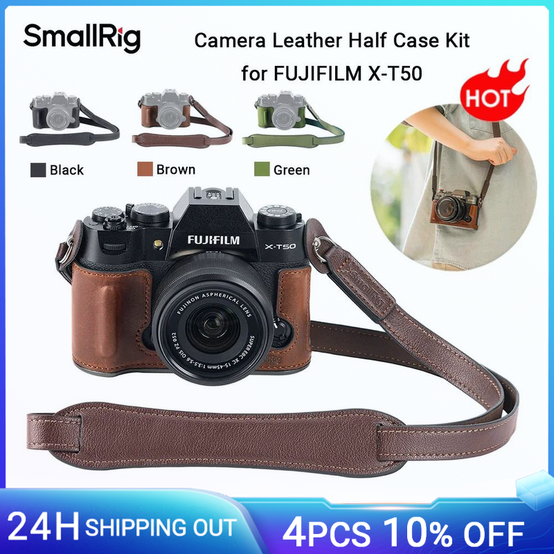 Kit mezza custodia in pelle per fotocamera SmallRig X-T50 per FUJIFILM X-T50, stile retrò, con tracolla (nero/marrone/verde) -4710