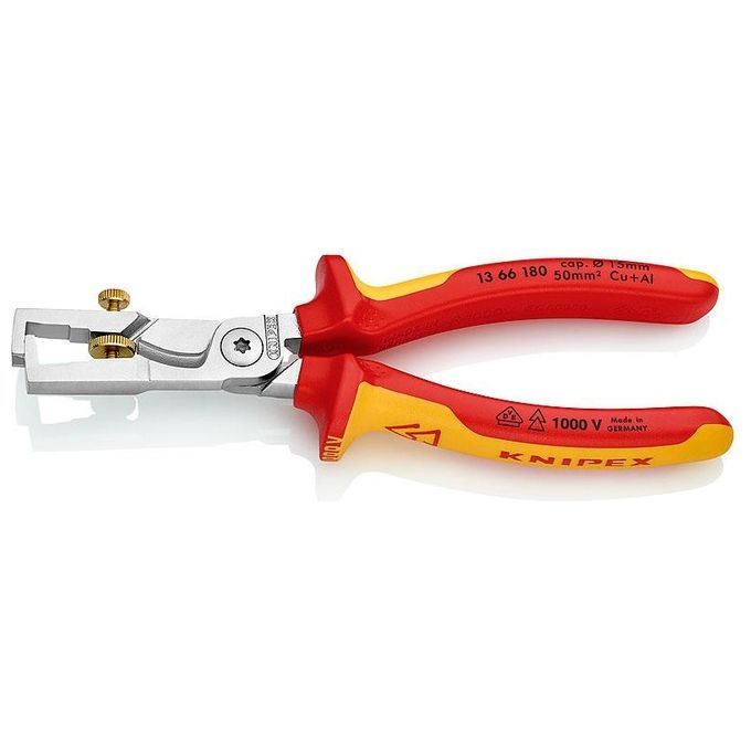 KNIPEX 13 66 180 StriX Pinza spelacavi con cesoia integrata per cavi in rame e alluminio fino a 50 mm² VDE testata 180 mm colore Cromato