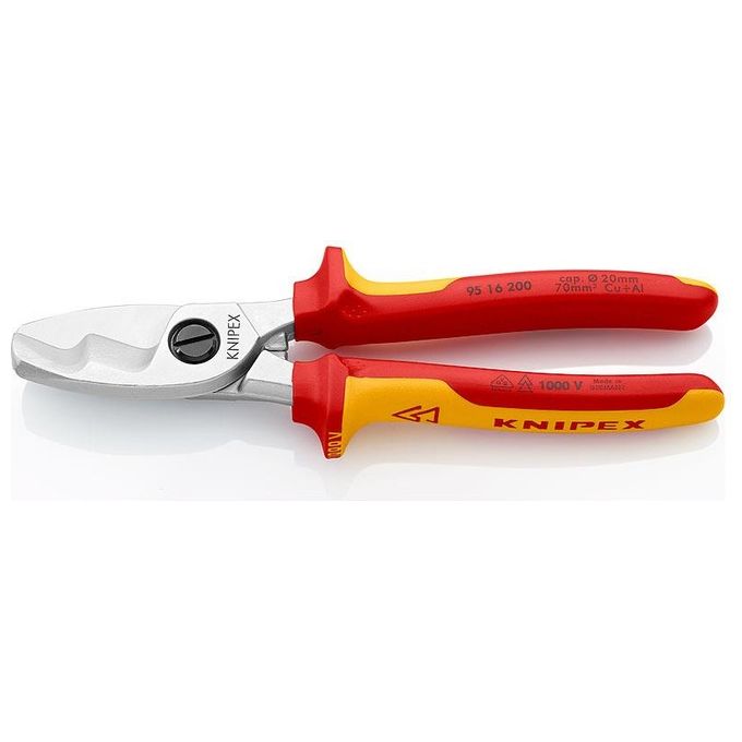 Knipex 95 16 200 Cesoia per Cavi con Doppio Tagliente Diametro Max 20 mm Sezione Max 70 mm² Manici Isolati VDE Acciaio Forgiato Temperato a Olio colore Rosso Giallo