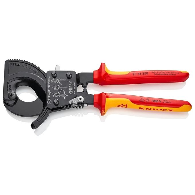 KNIPEX 95 36 250 Cesoia a Cremagliera per Cavi in Rame e Alluminio fino a 240 mm² e Ø 32 mm con Manici Bicomponente Isolati VDE colore Nero KNIPEX 95 36 250 Cesoia a Cremagliera per Cavi in Rame e Alluminio fino a 240 mm² e Ø 32 mm con Manici Bicomponente Isolati VDE colore Nero