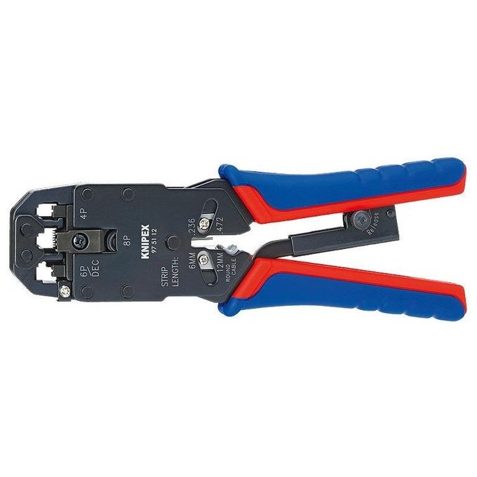 KNIPEX 97 51 12 Pinza Crimpatrice per Connettori Western RJ10 RJ11 RJ45 4 6 8 Pin con Taglio e Spelatura Cavi Piatto e Rotondo Impugnature Multicomponente colore Nero